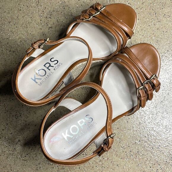 KORS Cognac Leather Jute Wrapped Platform Wedge Sandals 10 - Picture 7 of 11